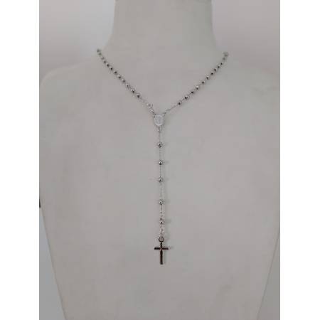 COLLANA ROSARIO ORO BIANCO 750 18K UNISEX MEDAGLIA MIRACOLOSA CROCE SFERE LUCIDE