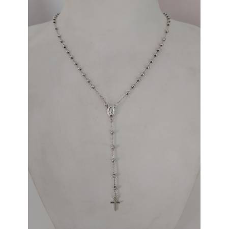 COLLANA ROSARIO ORO BIANCO 750 18K UNISEX MEDAGLIA MIRACOLOSA CROCE SFERE LUCIDE