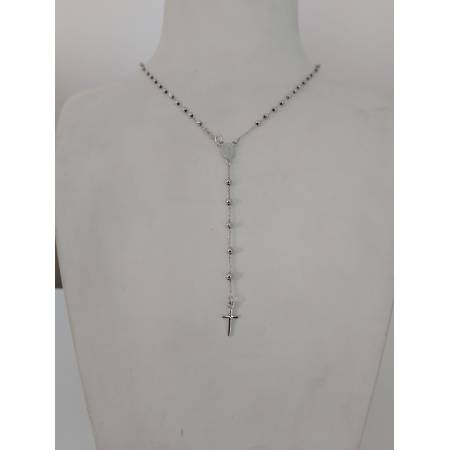 COLLANA ROSARIO ORO BIANCO 750 18K UNISEX MEDAGLIA MIRACOLOSA CROCE SFERE LUCIDE