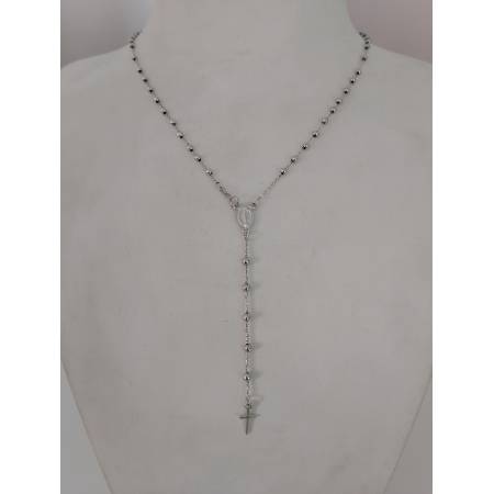 COLLANA ROSARIO ORO BIANCO 750 18K UNISEX MEDAGLIA MIRACOLOSA CROCE SFERE LUCIDE