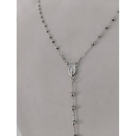 COLLANA ROSARIO ORO BIANCO 750 18K UNISEX MEDAGLIA MIRACOLOSA CROCE SFERE LUCIDE