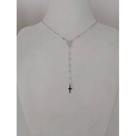 COLLANA ROSARIO ORO BIANCO 750 18K UNISEX MEDAGLIA MIRACOLOSA CROCE SFERE LUCIDE