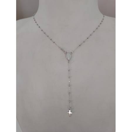 COLLANA ROSARIO ORO BIANCO 750 18K UNISEX MEDAGLIA MIRACOLOSA CROCE SFERE LUCIDE