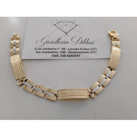 BRACCIALE ORO 18 Karati 750% Uomo Donna Bicolore GIALLO BIANCO Maglia Con Greche
