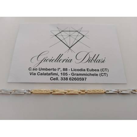 BRACCIALE ORO GIALLO BIANCO 18 Kt 750% Uomo Modello SEMIRIGIDO Maglia Con Greche