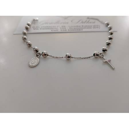 BRACCIALE ROSARIO In ORO BIANCO 18 Kt 750% SFERE Lucide Madonna Miracolosa Croce