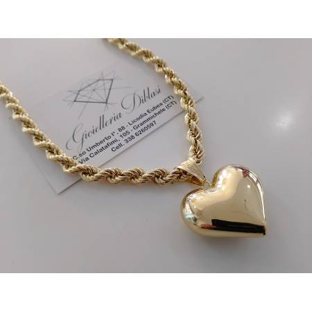 COLLANA CORDA Donna Con Ciondolo Cuore ORO GIALLO 18 Kt 750% Maglia Intrecciata