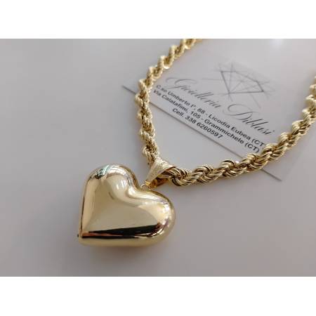 COLLANA CORDA Donna Con Ciondolo Cuore ORO GIALLO 18 Kt 750% Maglia Intrecciata