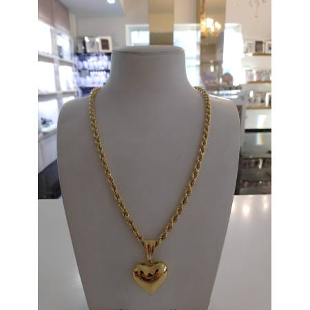 COLLANA CORDA Donna Con Ciondolo Cuore ORO GIALLO 18 Kt 750% Maglia Intrecciata