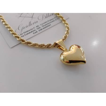 COLLANA CORDA Donna Con Ciondolo Cuore ORO GIALLO 18 Kt 750% Maglia Intrecciata