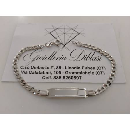 BRACCIALE ORO BIANCO 18 Kt 750% Unisex Catena Grumetta Con PIASTRINA Targhetta