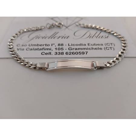 BRACCIALE ORO BIANCO 18 Kt 750% Unisex Catena Grumetta Con PIASTRINA Targhetta