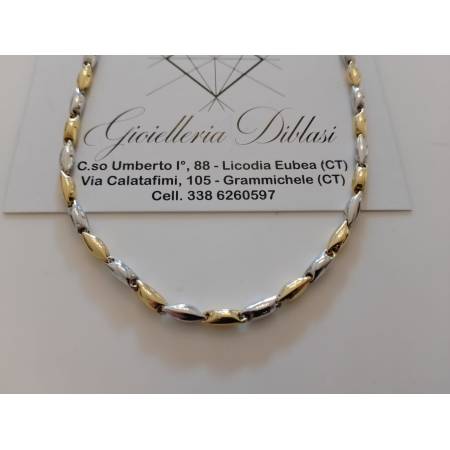 COLLANA ORO Bicolore GIALLO BIANCO 18 Kt 750% Unisex Maglia Tubolare Alternata