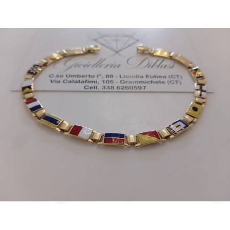 BRACCIALE Uomo In ORO GIALLO 18 Karati 750/1000 Maglia Con Bandierine Colorate