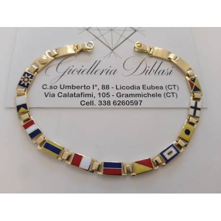 BRACCIALE Uomo In ORO GIALLO 18 Karati 750/1000 Maglia Con Bandierine Colorate