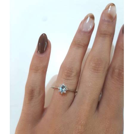 ANELLO PG GIOIELLI Solitario ACQUAMARINA E DIAMANTI Oro Bianco 18 Kt 750% Ovale