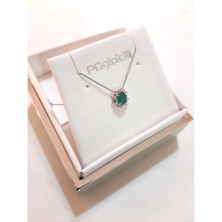 COLLANA Con SMERALDO E DIAMANTI PG GIOIELLI Oro Bianco 18 Karati 750% Punto Luce