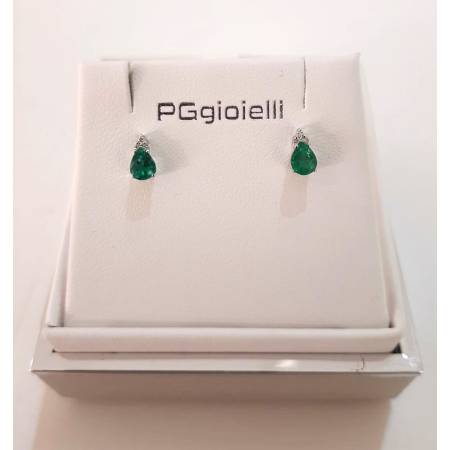 ORECCHINI PG GIOIELLI SMERALDO Forma A Goccia Con DIAMANTI Oro Bianco 18 Kt 750%