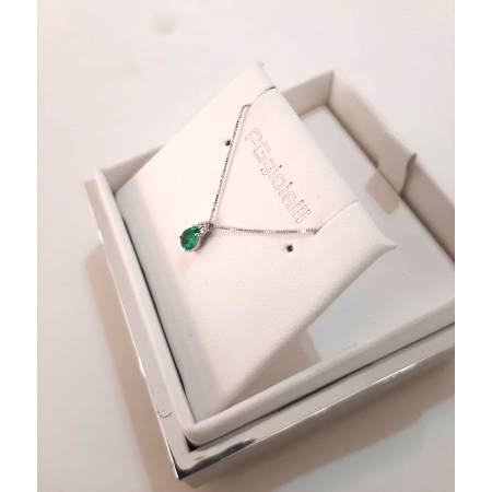 COLLANA SMERALDO A Goccia E DIAMANTI In Oro Bianco 18 Karati 750% PG GIOIELLI