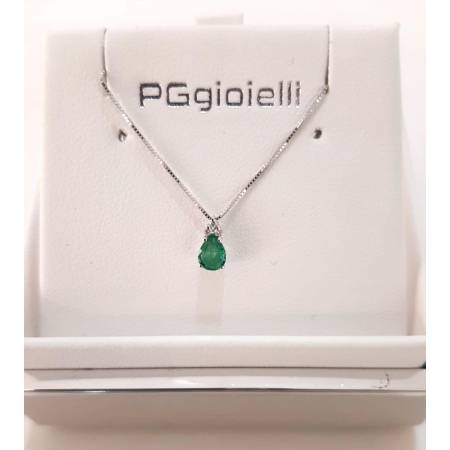 COLLANA SMERALDO A Goccia E DIAMANTI In Oro Bianco 18 Karati 750% PG GIOIELLI
