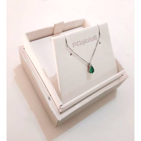 COLLANA SMERALDO A Goccia E DIAMANTI In Oro Bianco 18 Karati 750% PG GIOIELLI