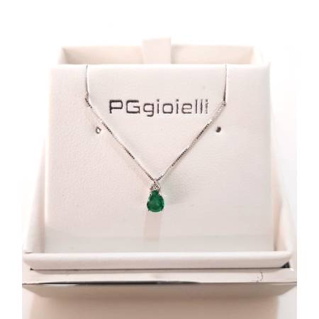 COLLANA SMERALDO A Goccia E DIAMANTI In Oro Bianco 18 Karati 750% PG GIOIELLI
