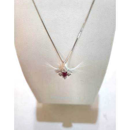 COLLANA RUBINO E DIAMANTI Pg Gioielli Oro Bianco 18 Karati 750% Catena Veneziana