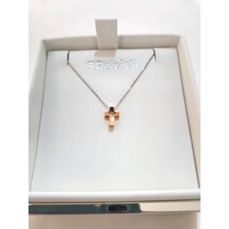 COLLANA Con CROCE E DIAMANTE Pg Gioielli In Oro Bianco E Rosa 18 Karati 750/1000