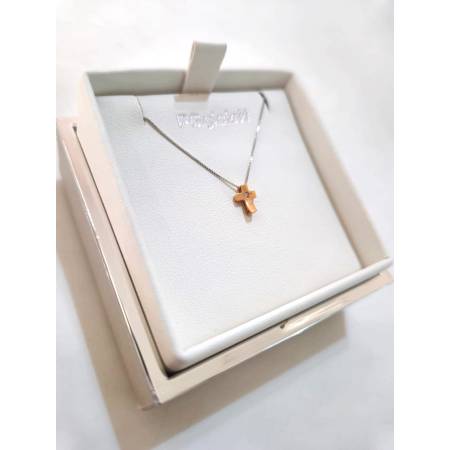 COLLANA Con CROCE E DIAMANTE Pg Gioielli In Oro Bianco E Rosa 18 Karati 750/1000