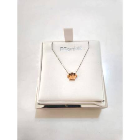COLLANA Ciondolo CORONA Con DIAMANTE Pg Gioielli Oro Bianco Rosa 18 Karati 750%