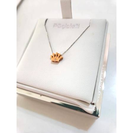 COLLANA Ciondolo CORONA Con DIAMANTE Pg Gioielli Oro Bianco Rosa 18 Karati 750%