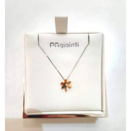 COLLANA Ciondolo Fiocco Di Neve E DIAMANTE Pg Gioielli Oro Bianco Rosa 18 Kt 750