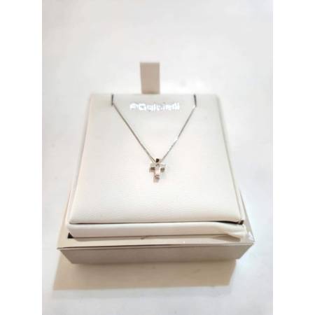 COLLANA CROCE Con DIAMANTE Pg Gioielli In Oro Bianco 18 Kt 750% Catena Veneziana