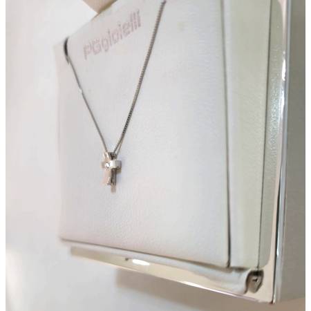 COLLANA CROCE Con DIAMANTE Pg Gioielli In Oro Bianco 18 Kt 750% Catena Veneziana