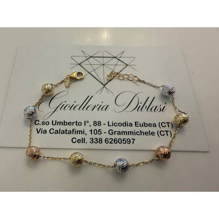 BRACCIALE Donna ORO GIALLO BIANCO ROSSO 18 Kt 750% Maglia Con Sfere Sfaccettate