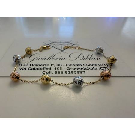 BRACCIALE Donna ORO GIALLO BIANCO ROSSO 18 Kt 750% Maglia Con Sfere Sfaccettate