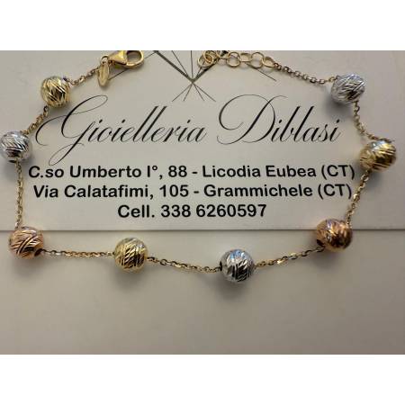 BRACCIALE Donna ORO GIALLO BIANCO ROSSO 18 Kt 750% Maglia Con Sfere Sfaccettate