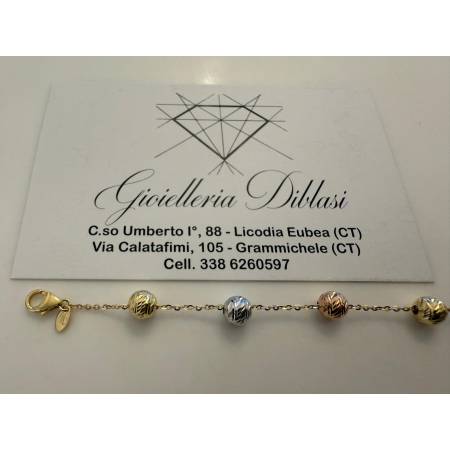 BRACCIALE Donna ORO GIALLO BIANCO ROSSO 18 Kt 750% Maglia Con Sfere Sfaccettate