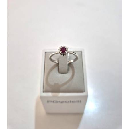 ANELLO SOLITARIO Oro Bianco 18 Karati 750% PG Gioielli RUBINO Ovale E DIAMANTI