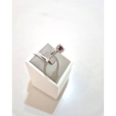ANELLO SOLITARIO Oro Bianco 18 Karati 750% PG Gioielli RUBINO Tondo E DIAMANTI