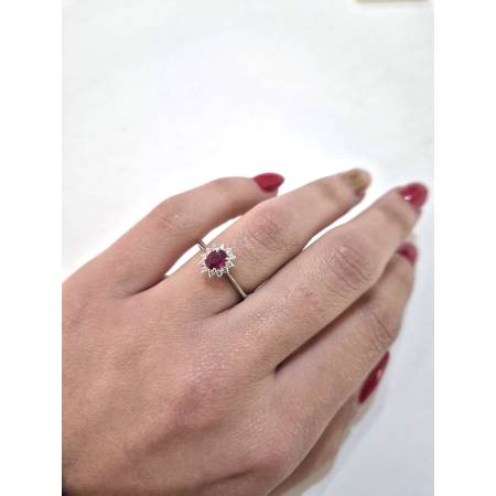 ANELLO SOLITARIO Oro Bianco 18 Karati 750% PG Gioielli RUBINO Ovale E DIAMANTI