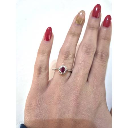 ANELLO SOLITARIO Oro Bianco 18 Karati 750% PG Gioielli RUBINO Ovale E DIAMANTI