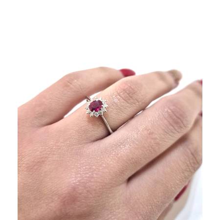 ANELLO SOLITARIO Oro Bianco 18 Karati 750% PG Gioielli RUBINO Ovale E DIAMANTI