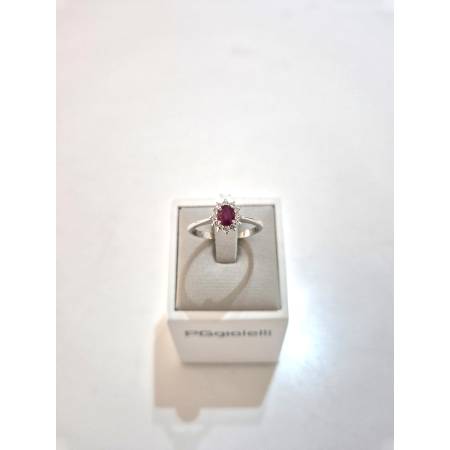 ANELLO SOLITARIO Oro Bianco 18 Karati 750% PG Gioielli RUBINO Ovale E DIAMANTI