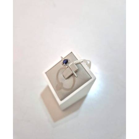 ANELLO SOLITARIO Con ZAFFIRO Blu Ovale E Diamanti PG GIOIELLI Oro Bianco 18 Kt