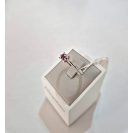 ANELLO SOLITARIO Oro Bianco 18 Karati 750% PG Gioielli RUBINO Tondo E DIAMANTI