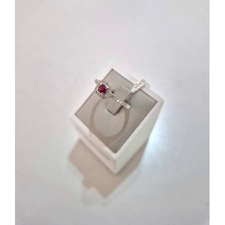 ANELLO SOLITARIO Oro Bianco 18 Karati 750% PG Gioielli RUBINO Tondo E DIAMANTI