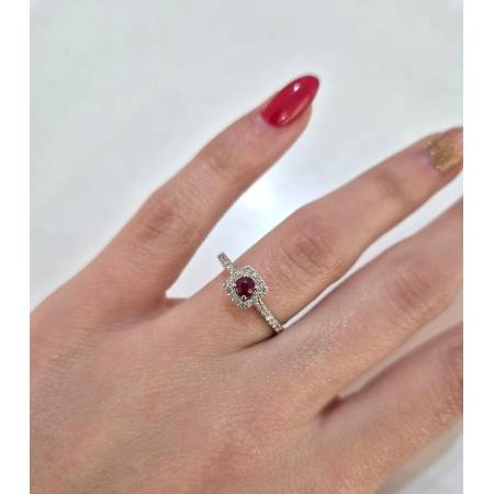 ANELLO SOLITARIO Oro Bianco 18 Karati 750% PG Gioielli RUBINO Tondo E DIAMANTI