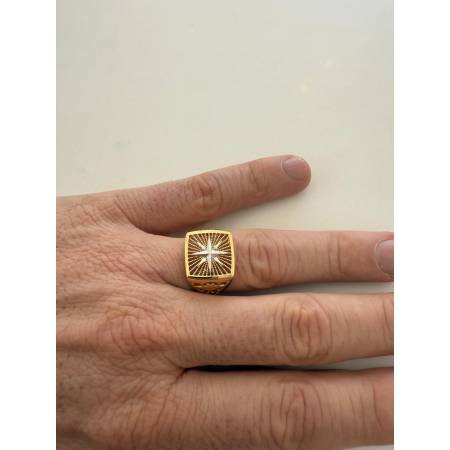 ANELLO Uomo ORO 18 Karati 750 GIALLO BIANCO Bicolore Con ROSA DEI VENTI Quadrato