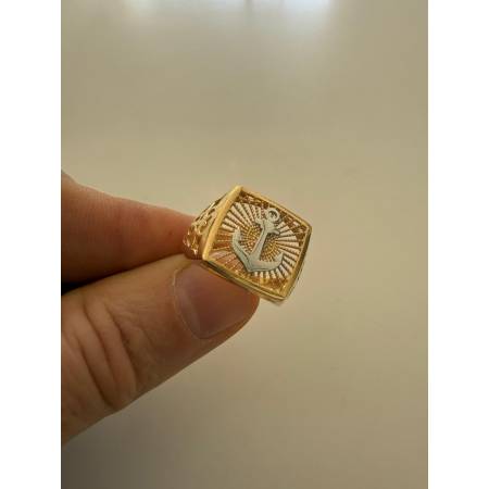 ANELLO Da Uomo ORO 18 Karati 750% GIALLO E BIANCO Bicolore Con ANCORA Quadrato